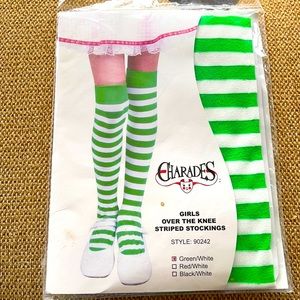 Girls Over the Knee Green & White Striped Socks